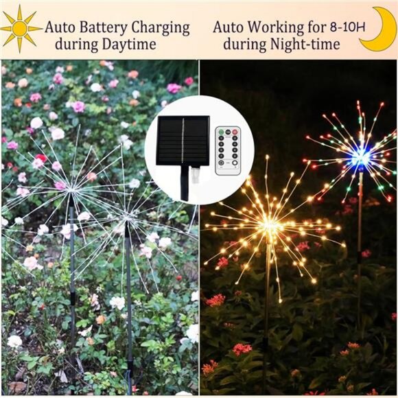 2 Packs x120 LED Solar Firework Lights with Remote, 8 Lighting Twinkle Modes - Picture 4 of 7